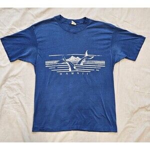 Vintage 1980s Hawaii Whale Graphic T-Shirt Blue Tourist Souvenir Single Stitch